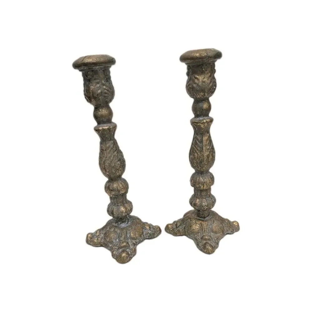 Baroque Rococo Candlestick Candle Holder Pair Brass Verdigris 8.5